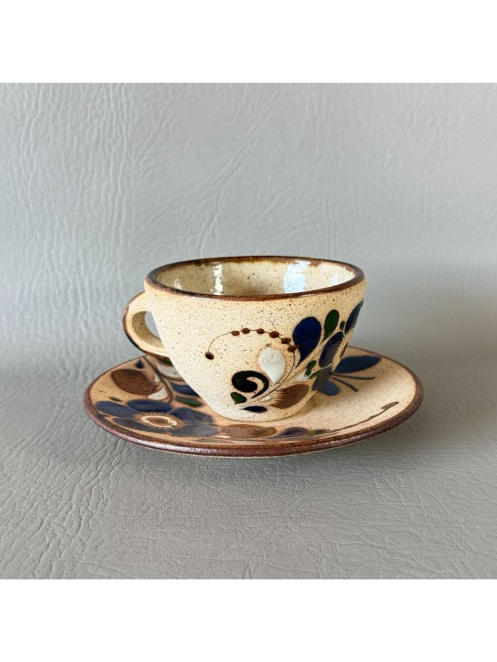 Vintage Tonala Mexico Studio Pottery Cup Saucer Set Signed Blue Butterfly 6" - Picture 4 of 14